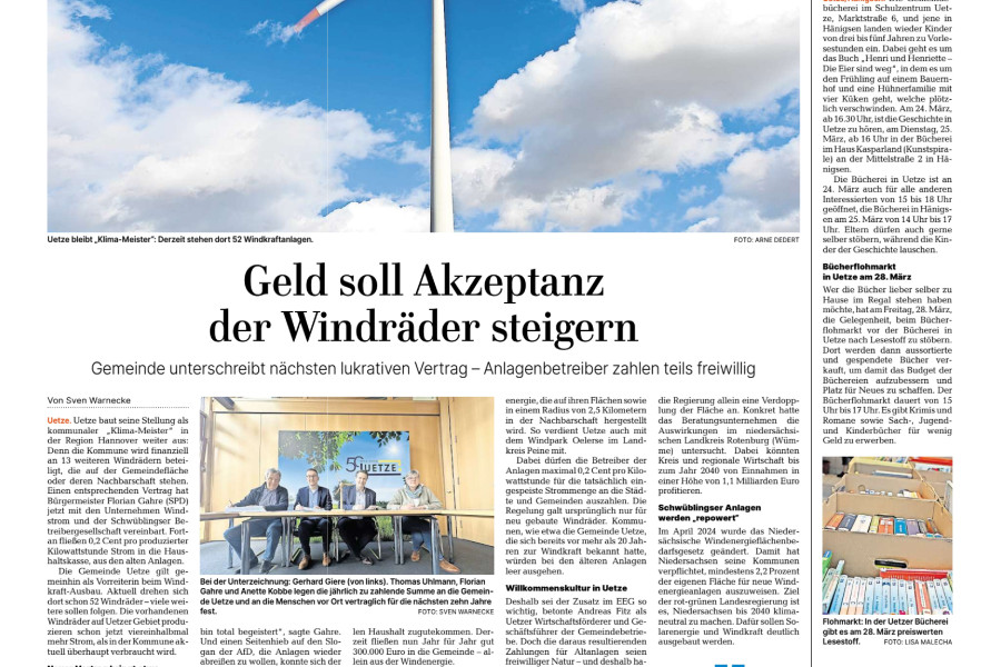 Hannover Allgemeine Zeitung - Geld soll Akzeptanz der Windräder steigern
