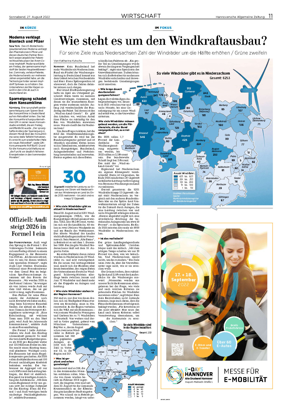 HAZ Windkraftausbau in Nds. vom 27.08.2022