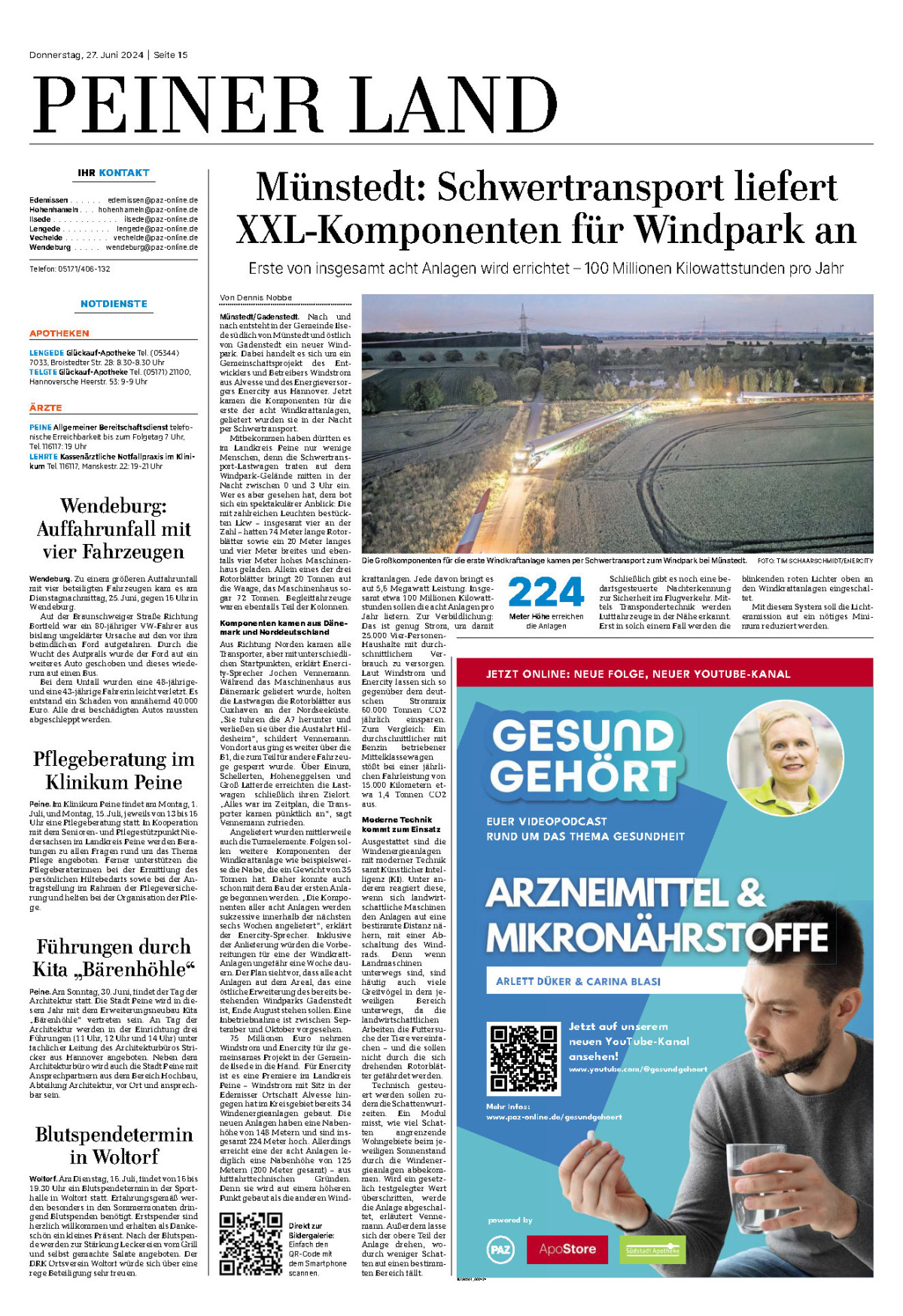 PAZ 27.06.2024 WP Muenstedt Anlieferung Grosskomponenten 27 06 2024