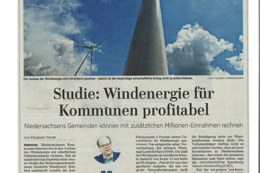 Peiner Allgemeine Zeitung - Studie: Windenergie für Kommunen profitabel