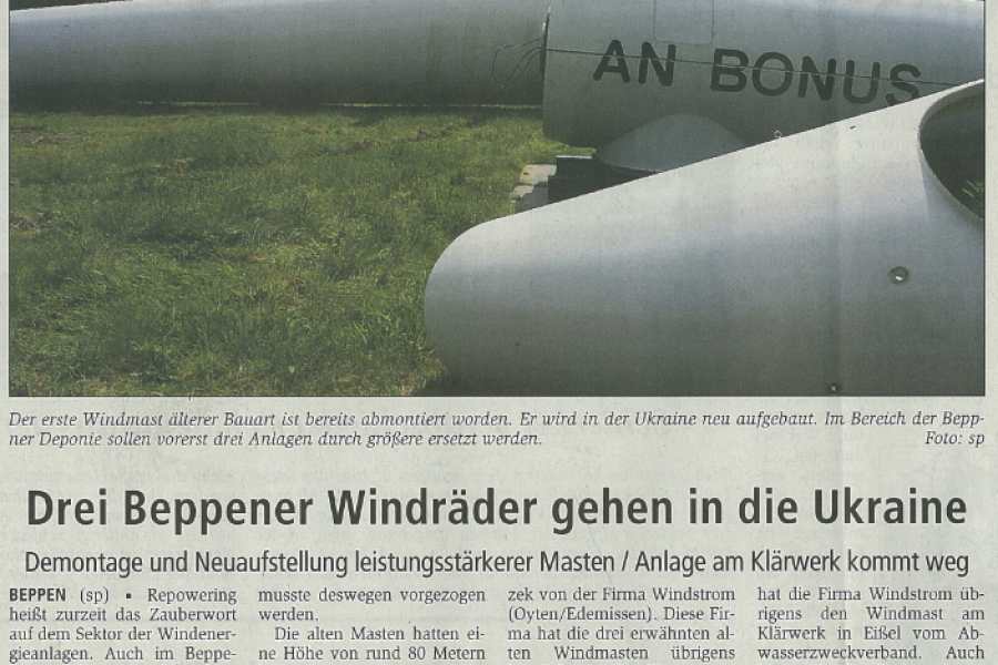 Achimer Kurier - Drei Beppener Windräder gehen in die Ukraine