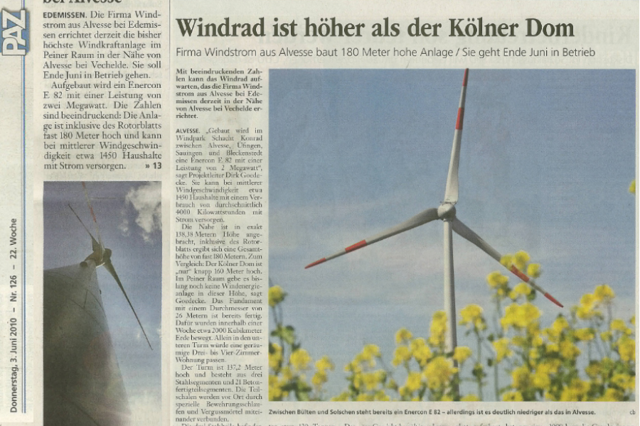 Peiner Allgemeine Zeitung - Windrad ist höher als der Kölner Dom