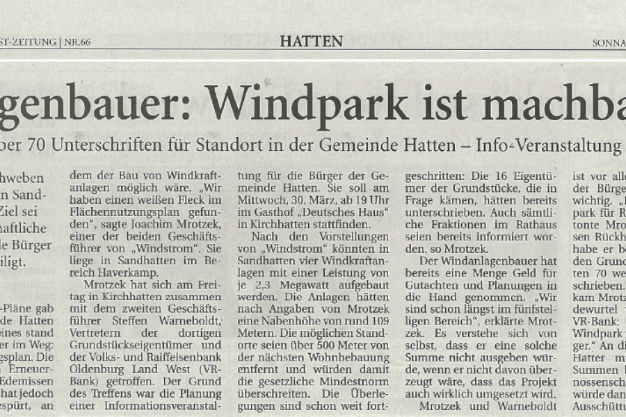Nordwest-Zeitung - Anlagenbauer: Windpark ist machbar
