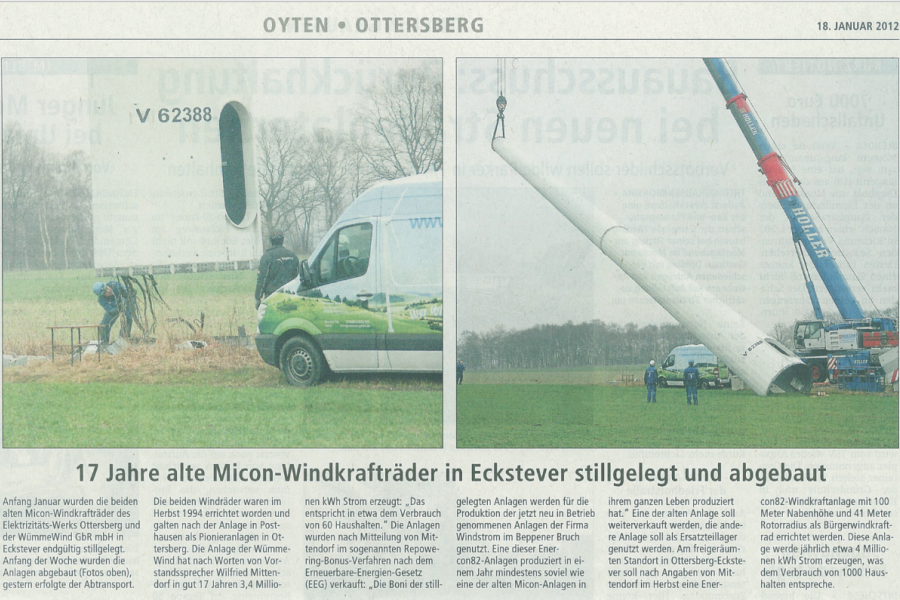 Achimer Kreisblatt - 17Jahre alte Micon-Windkrafträder in Eckstever stillgelegt und abgebaut