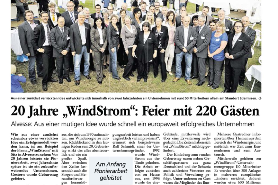 Peiner Allgemeine Zeitung - 20 Jahre "WindStrom" - Feier mit 220 Gästen
