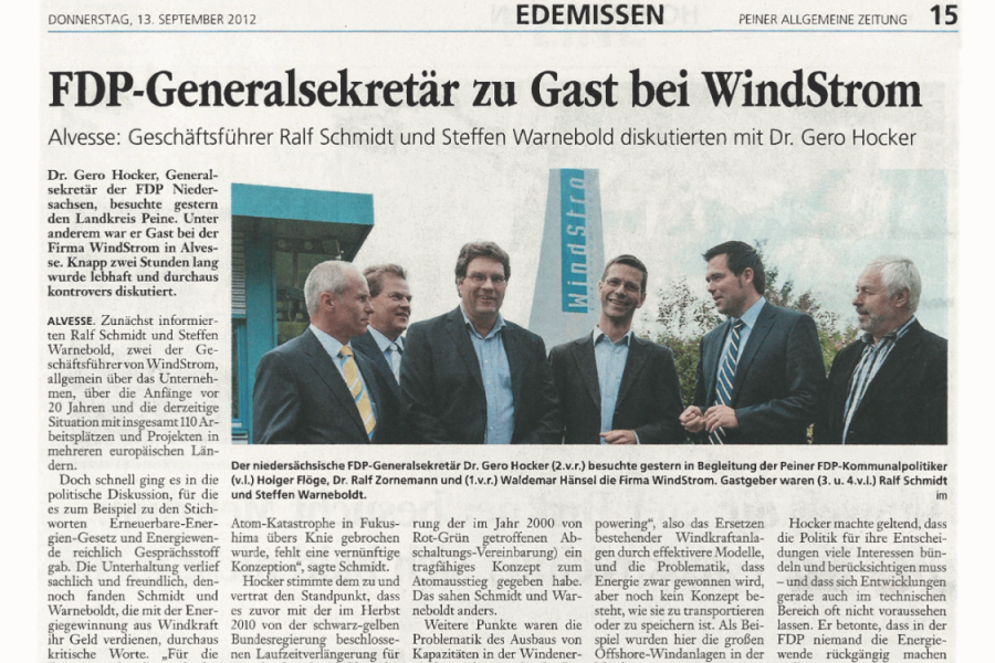 Peiner Allgemeine Zeitung - FDP-Generalsekretär zu Gast bei WindStrom