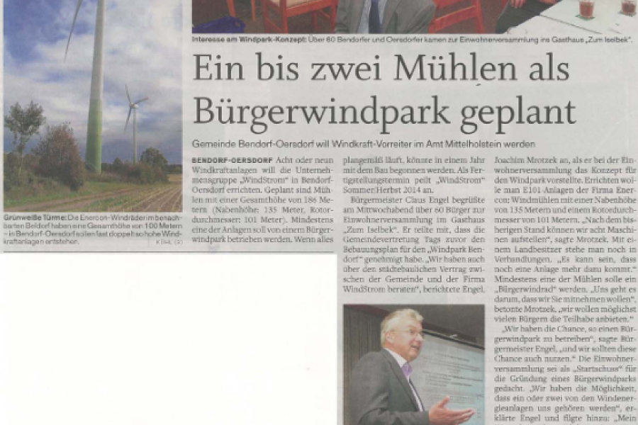 Schleswig-Holsteinische Landeszeitung - Ein bis zwei Mühlen als Bürgerwindpark geplant