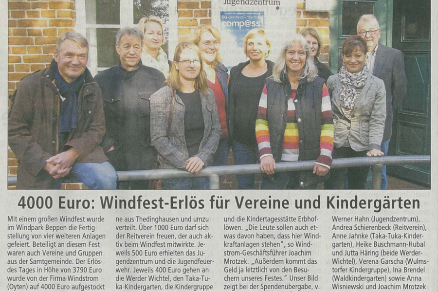 Achimer Kreisblatt - 4000 Euro: Windfesterlös für Vereine und Kindergärten