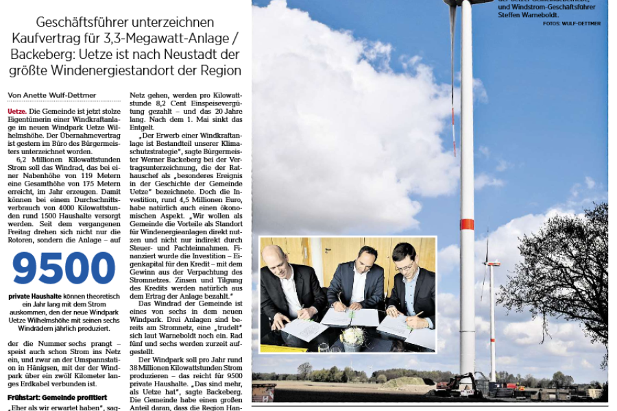 Hannoversche Allgemeine Zeitung - Gemeinde hat jetzt ihr eigenes Windrad