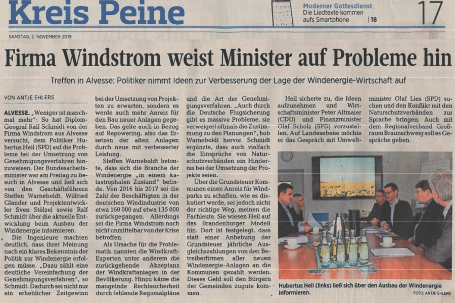 Peiner Allgemeine Zeitung - WindStrom weist Minister auf Probleme hin