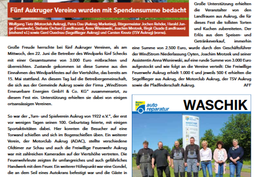 Kanalblatt Nortorf Regional - Fünf Aukruger Vereine profitieren vom Windfest