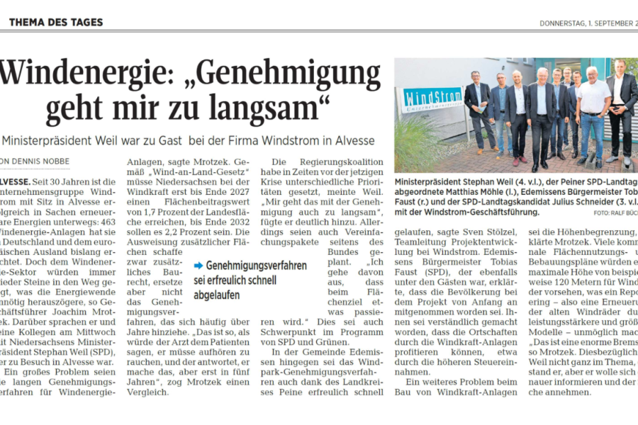 Peiner Allgemeine Zeitung - Ministerpräsident Weil zu Gast bei WindStrom in Alvesse