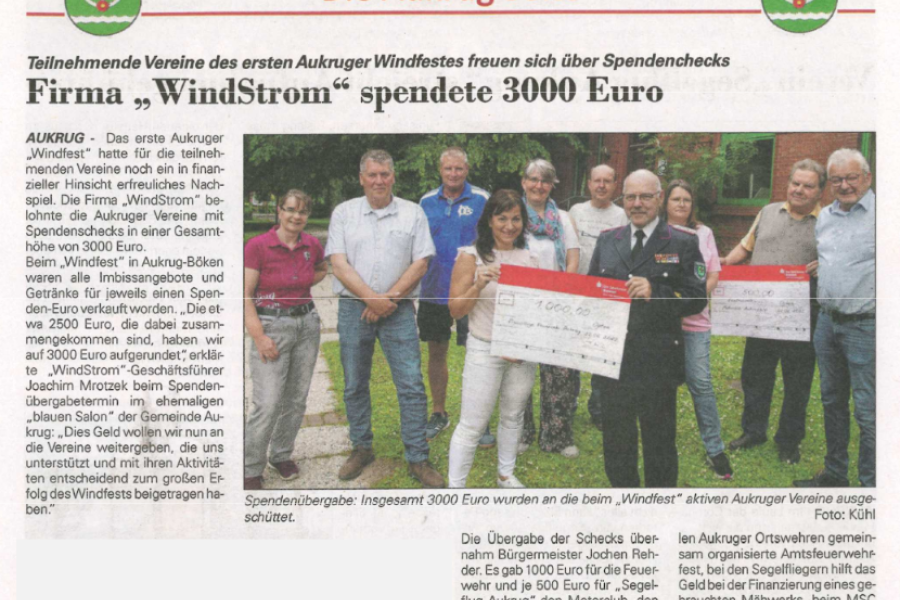 Hohenwestedter Nachrichten - Firma "WindStrom" spendete 3000 Euro