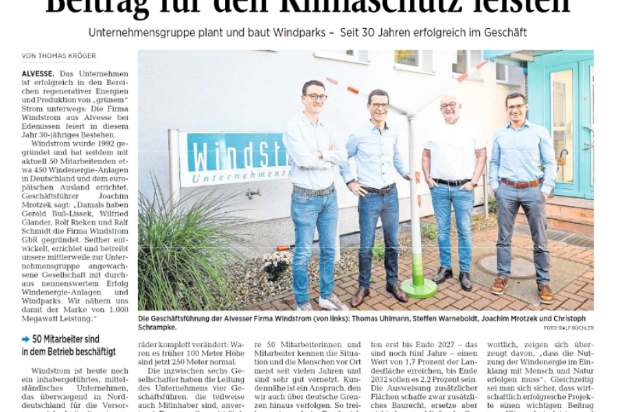 Peiner Allgemeiner Zeitung - Jubiläum - WindStrom leistet Beitrag für den Klimaschutz