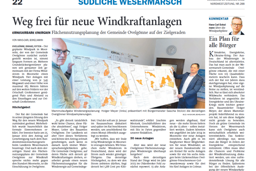 Nordwest Zeitung - Weg frei für neue Windkraftanlagen in Moorseite