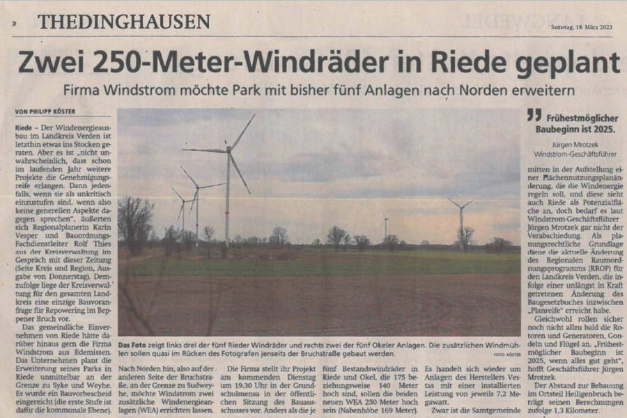 Verdener Kreiszeitung - Zwei 250 Meter Windräder in Riede geplant
