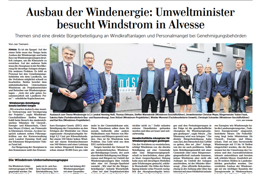 Peiner Allgemeine Zeitung - Ausbau der Windenergie: Umweltminister besucht WindStrom in Alvesse