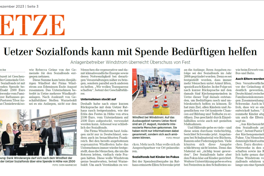 Hannover Allgemeine Zeitung - Anlagenbetreiber WindStrom überreicht Überschuss vom Fest