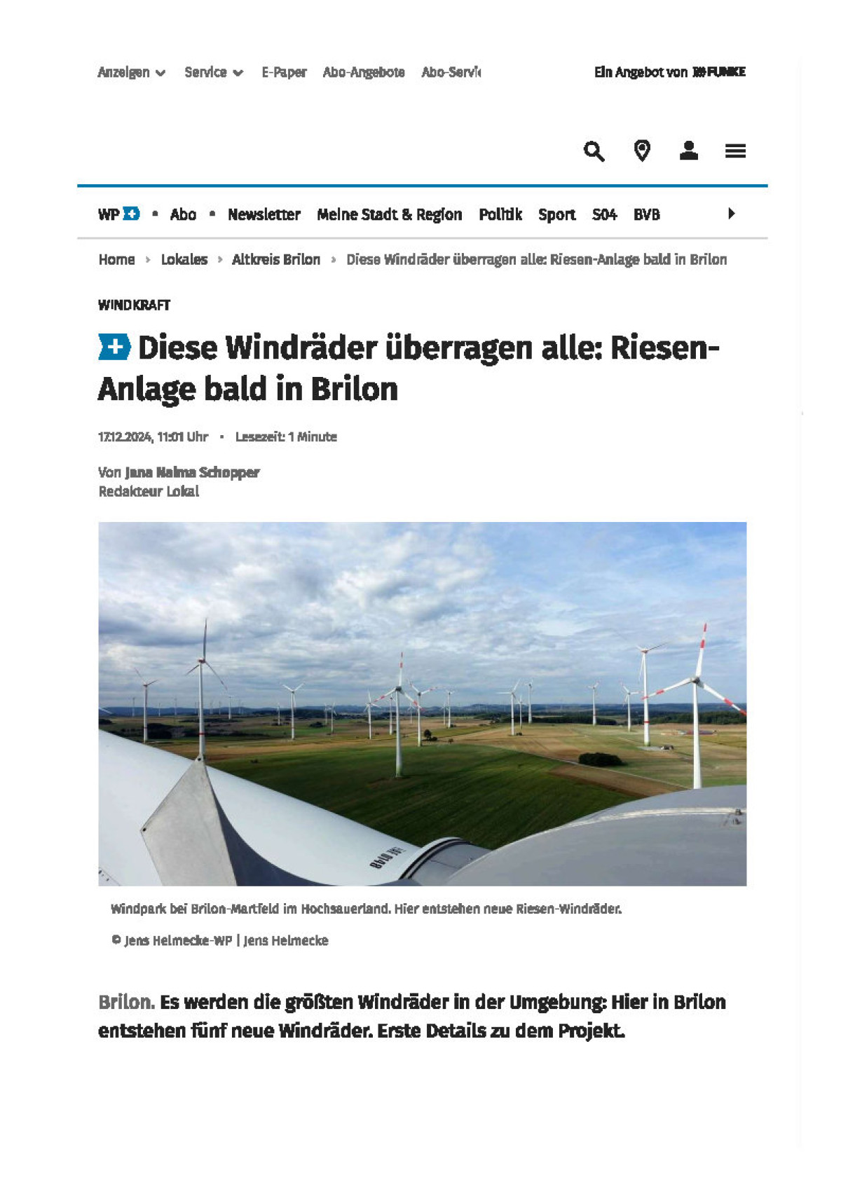 2024 12 17 Brilon Rep. Westfalenpost Zeitungsartikel Page1